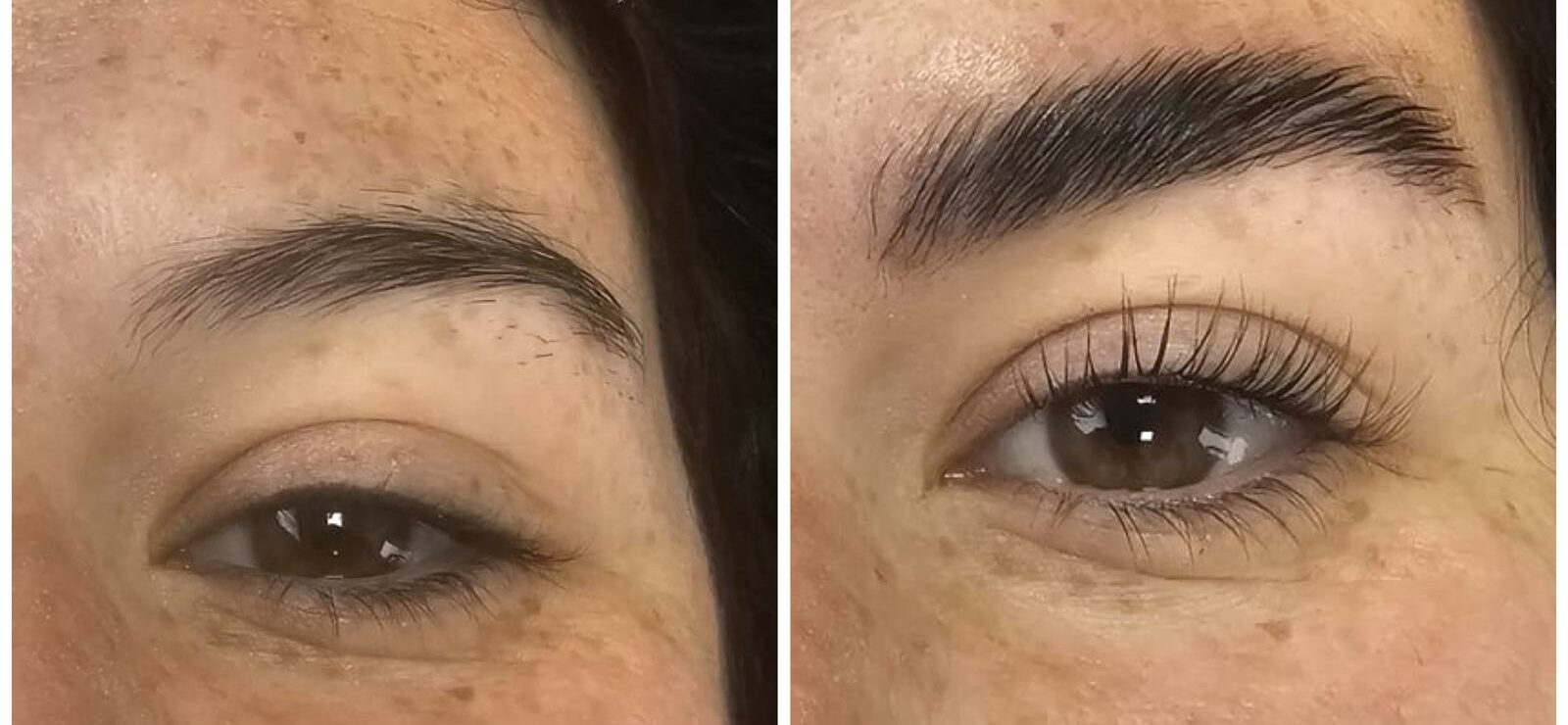 Risultato di un trattamento combinato di laminazione ciglia e sopracciglia coreana: uno sguardo aperto, folto e naturalmente definito a Lugano