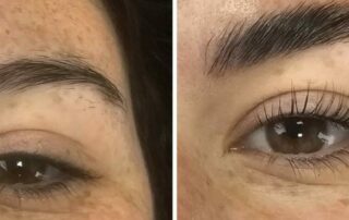 Risultato di un trattamento combinato di laminazione ciglia e sopracciglia coreana: uno sguardo aperto, folto e naturalmente definito a Lugano